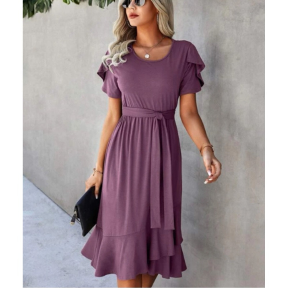 Chic Plum Ruffle Sleeve Midi Dress